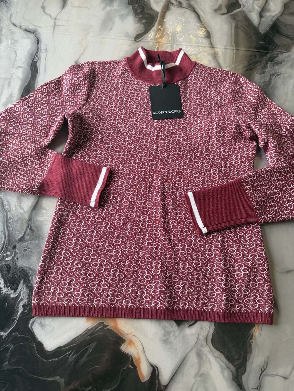 Guess Burgundy And White 4G Logo Jacquard Knit Funnel Neck Sweater
